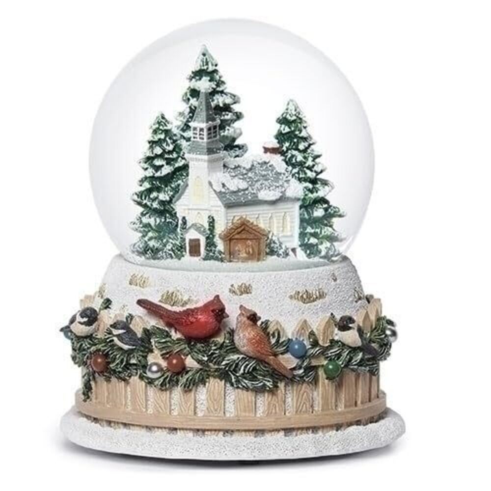 5397 5.75" Musical Church Glitterdome with Birds – Snow Globe Christmas